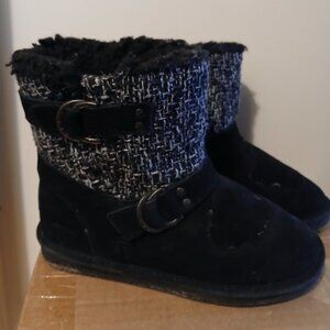 BEARPAW Winter Suede Boots 7 Black Wool Shearling Insulated NOVA Mid calf Buckle